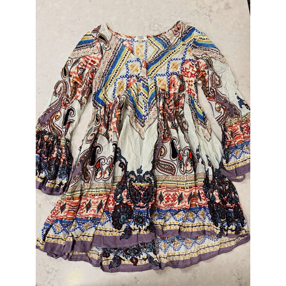 UMGEE Boho Paisley V-Neck Ruffle Bell Sleeve Tunic Dress Size L